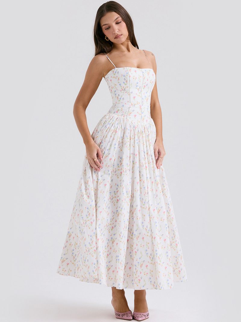 Robe Longue À Fleurs Pour Femmes Imprimé Floral Sans Manches Bretelles Cou Élégante Plissée Couture Ouverte Été - Blanc