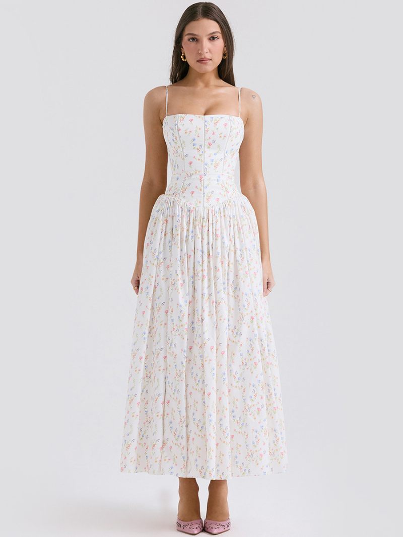 Robe Longue À Fleurs Pour Femmes Imprimé Floral Sans Manches Bretelles Cou Élégante Plissée Couture Ouverte Été - Blanc