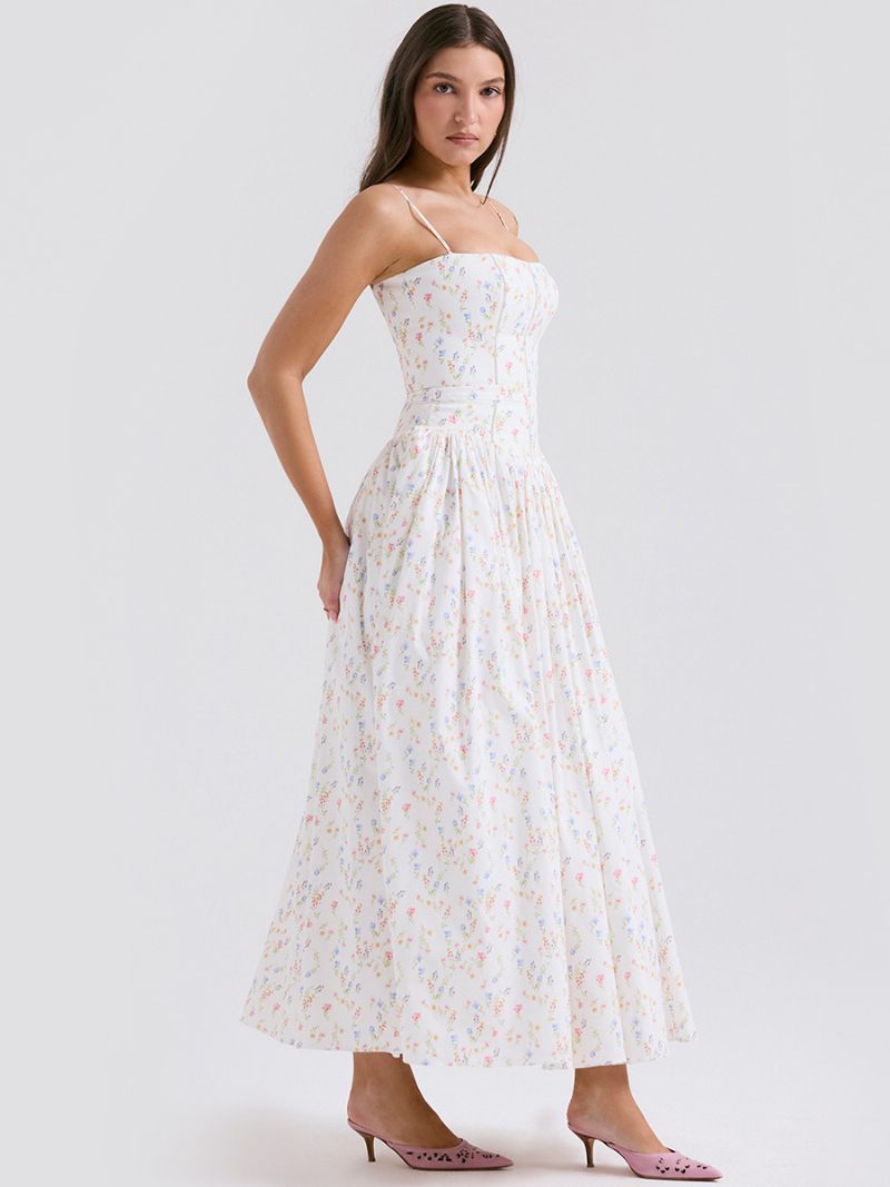 Robe Longue À Fleurs Pour Femmes Imprimé Floral Sans Manches Bretelles Cou Élégante Plissée Couture Ouverte Été - Blanc