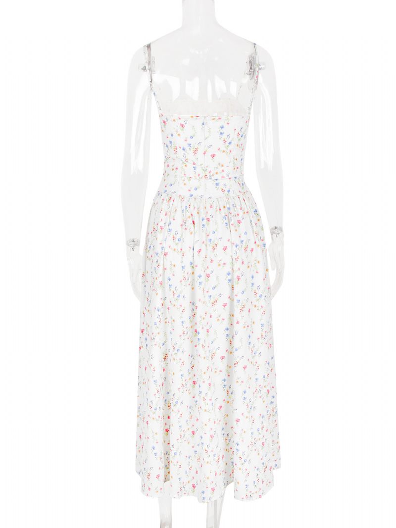 Robe Longue À Fleurs Pour Femmes Imprimé Floral Sans Manches Bretelles Cou Élégante Plissée Couture Ouverte Été - Blanc