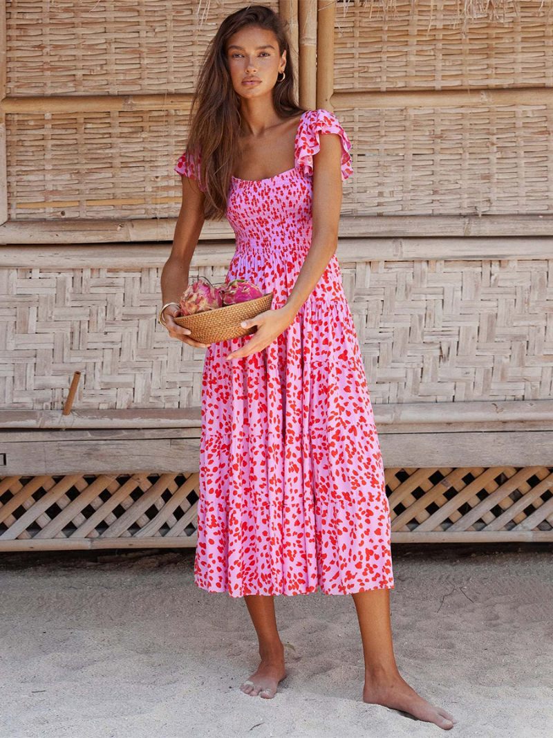 Robe Longue À Fleurs Pour Femmes Imprimé Floral Sans Manches Col Carré Volants Élégants Couture Ouverte Été - Rose