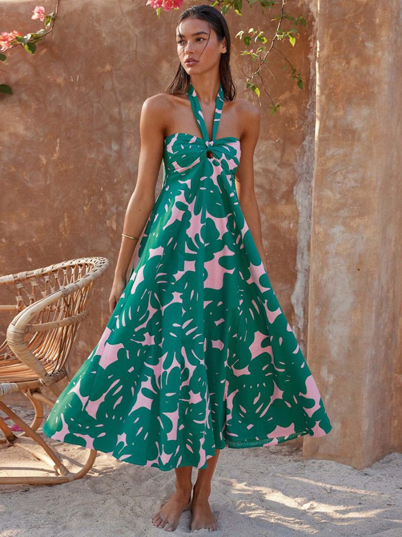 Robe Longue À Fleurs Pour Femmes Imprimé Floral Sans Manches Col Licou Chic Lacets Dos Nu Été - Vert