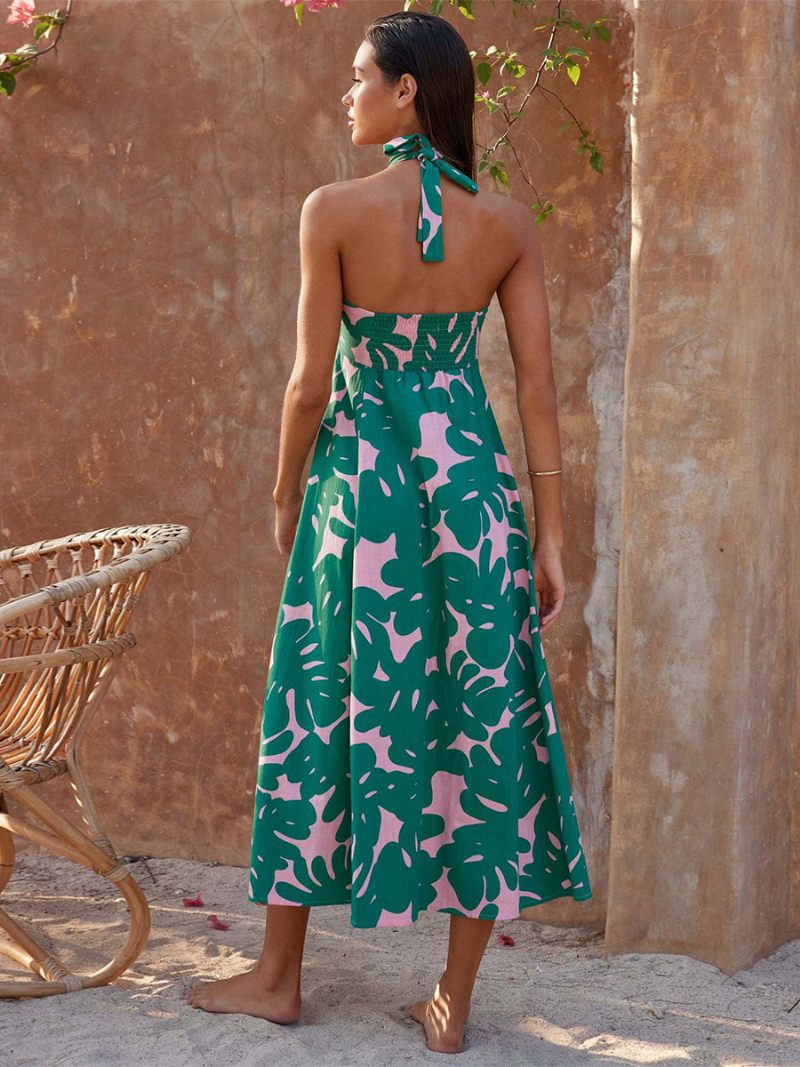 Robe Longue À Fleurs Pour Femmes Imprimé Floral Sans Manches Col Licou Chic Lacets Dos Nu Été - Vert