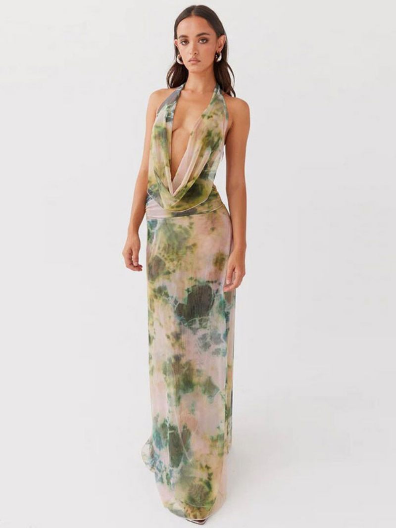 Robe Longue À Fleurs Pour Femmes Imprimé Floral Sans Manches Col V Chic Plissée Couture Ouverte Automne - Vert