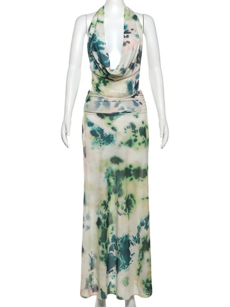 Robe Longue À Fleurs Pour Femmes Imprimé Floral Sans Manches Col V Chic Plissée Couture Ouverte Automne - Vert