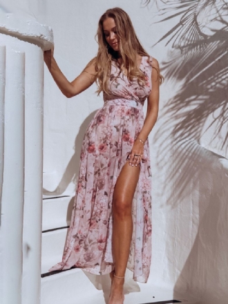 Robe Longue À Fleurs Pour Femmes Imprimé Floral Sans Manches Col V Sexy Fendue Sur Le Devant Couture Ouverte Été