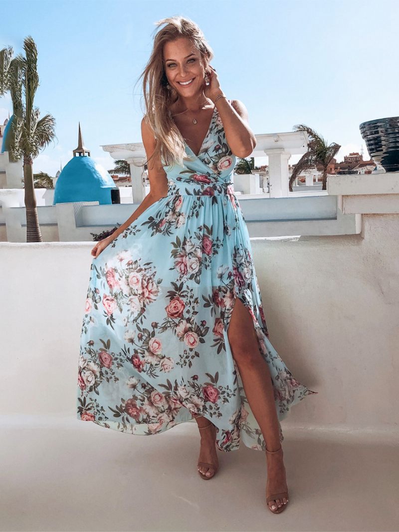 Robe Longue À Fleurs Pour Femmes Imprimé Floral Sans Manches Col V Sexy Fendue Sur Le Devant Couture Ouverte Été - Bleu Ciel Clair