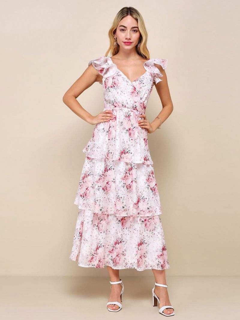 Robe Longue À Fleurs Pour Femmes Imprimé Floral Volants Superposés Col V Sans Manches Couture Ouverte Chic Été