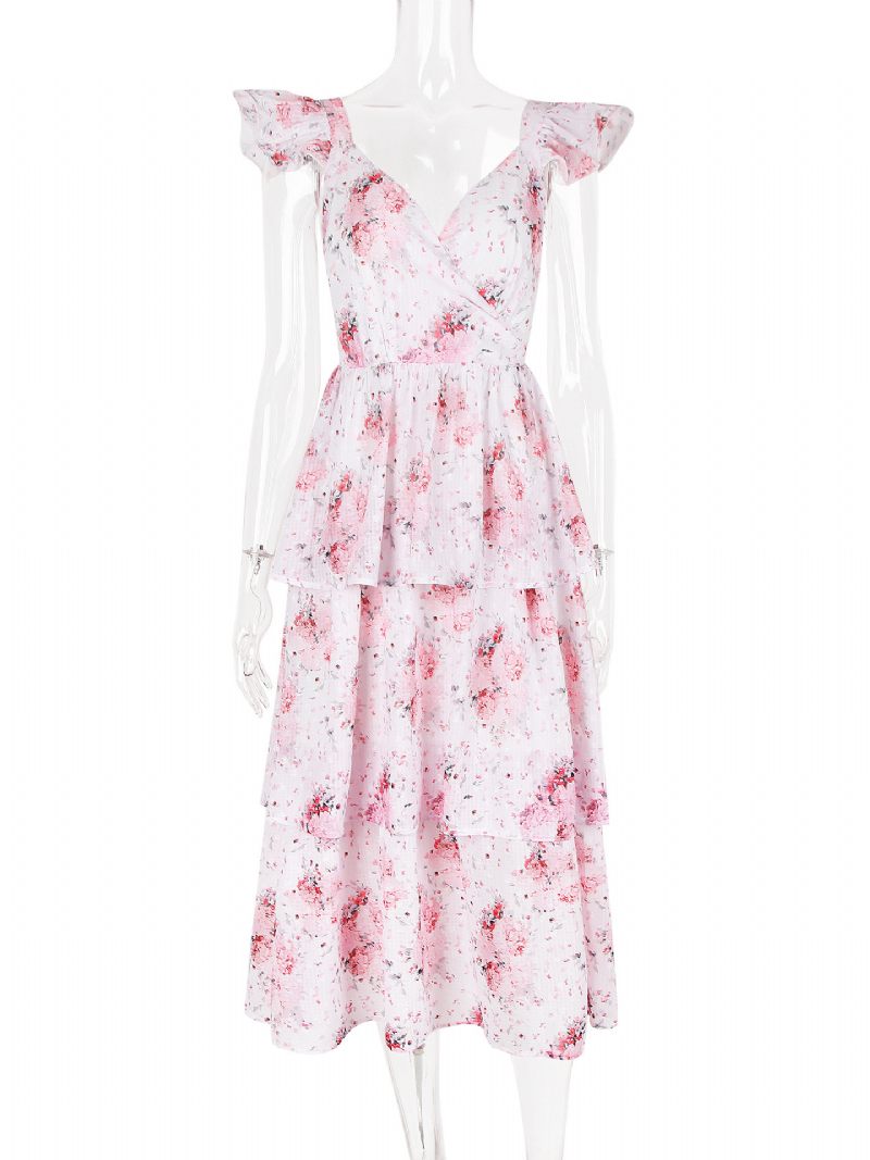 Robe Longue À Fleurs Pour Femmes Imprimé Floral Volants Superposés Col V Sans Manches Couture Ouverte Chic Été - Blanc