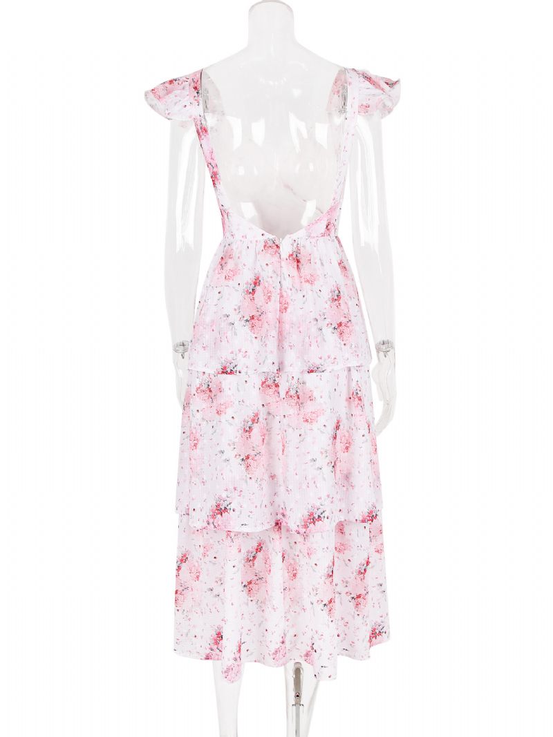 Robe Longue À Fleurs Pour Femmes Imprimé Floral Volants Superposés Col V Sans Manches Couture Ouverte Chic Été - Blanc