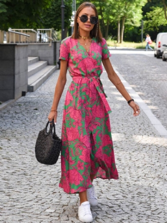 Robe Longue À Fleurs Pour Femmes Imprimée Lacets Col V Manches Courtes Fente Sur Le Devant Décontractée Été