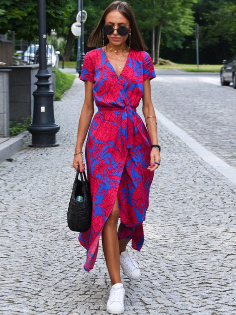 Robe Longue À Fleurs Pour Femmes Imprimée Lacets Col V Manches Courtes Fente Sur Le Devant Décontractée Été - Rouge