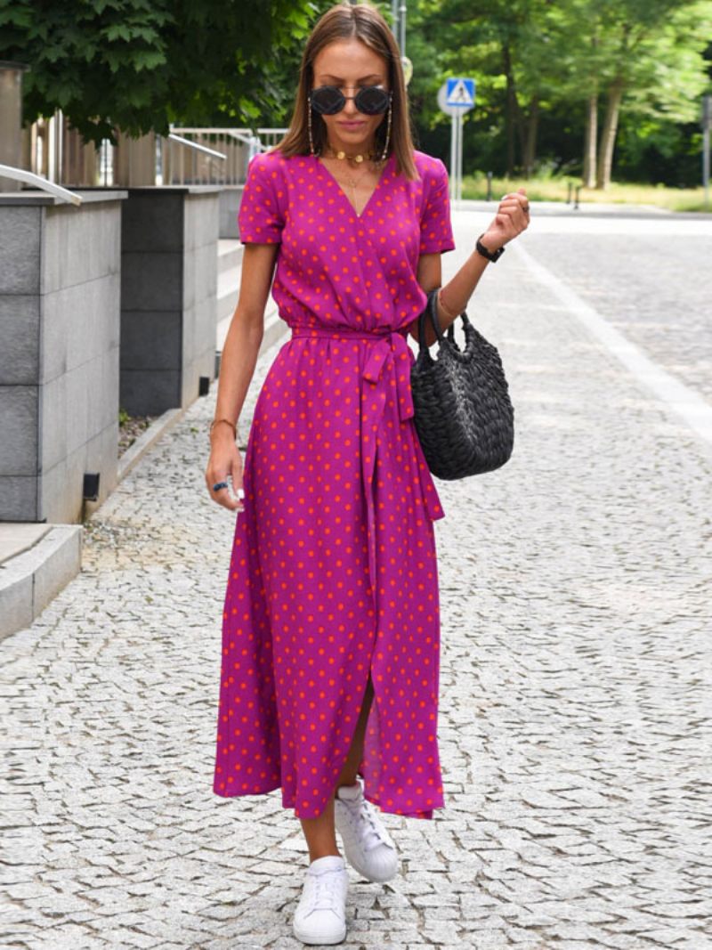 Robe Longue À Fleurs Pour Femmes Imprimée Lacets Col V Manches Courtes Fente Sur Le Devant Décontractée Été - Rose