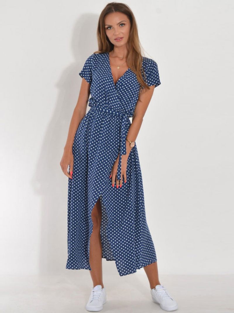 Robe Longue À Fleurs Pour Femmes Imprimée Lacets Col V Manches Courtes Fente Sur Le Devant Décontractée Été - Bleu