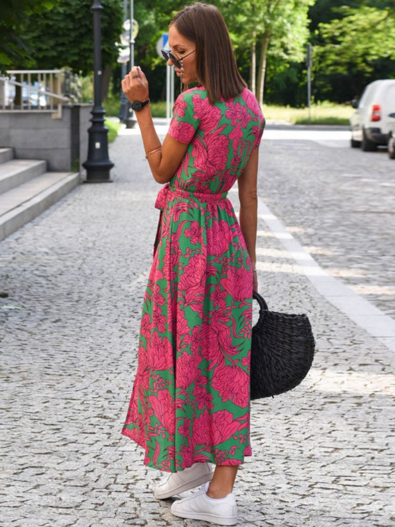 Robe Longue À Fleurs Pour Femmes Imprimée Lacets Col V Manches Courtes Fente Sur Le Devant Décontractée Été - Rose