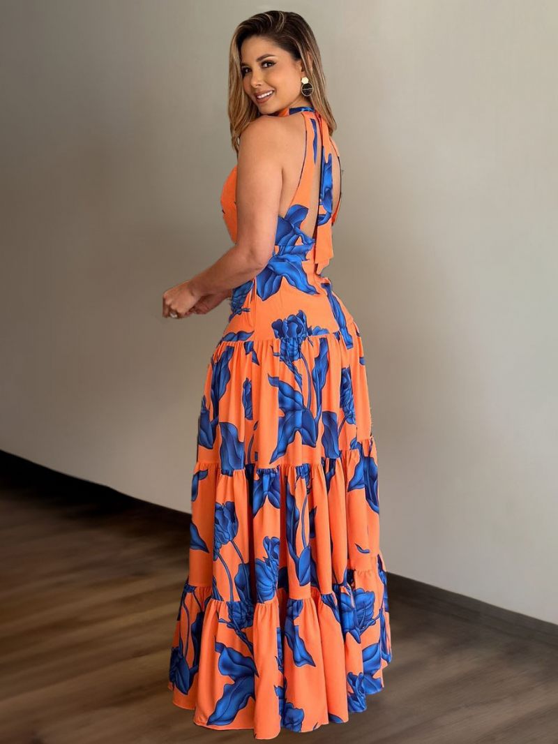 Robe Longue À Fleurs Pour Femmes Imprimée Sans Manches Col Licou Élégante Lacets Printemps - Orange