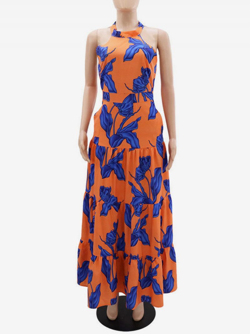 Robe Longue À Fleurs Pour Femmes Imprimée Sans Manches Col Licou Élégante Lacets Printemps - Orange