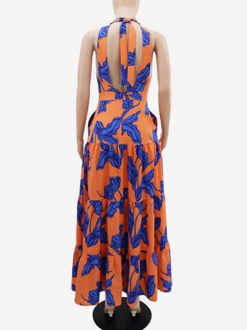 Robe Longue À Fleurs Pour Femmes Imprimée Sans Manches Col Licou Élégante Lacets Printemps - Orange