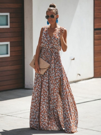 Robe Longue À Fleurs Pour Femmes Sans Manches Col V D'été Fendue