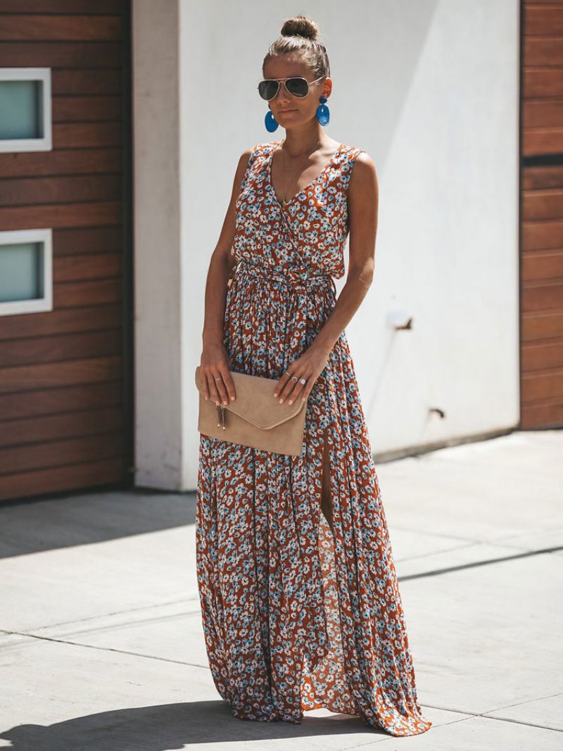 Robe Longue À Fleurs Pour Femmes Sans Manches Col V D'été Fendue - Rouge Brique