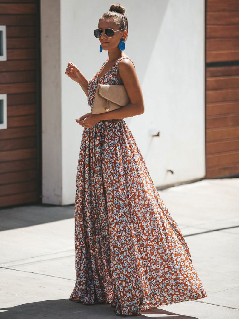 Robe Longue À Fleurs Pour Femmes Sans Manches Col V D'été Fendue - Rouge Brique