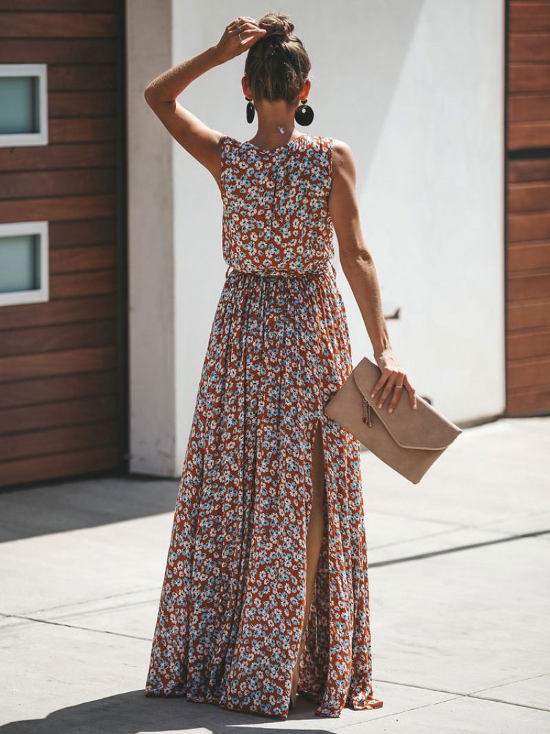 Robe Longue À Fleurs Pour Femmes Sans Manches Col V D'été Fendue - Rouge Brique