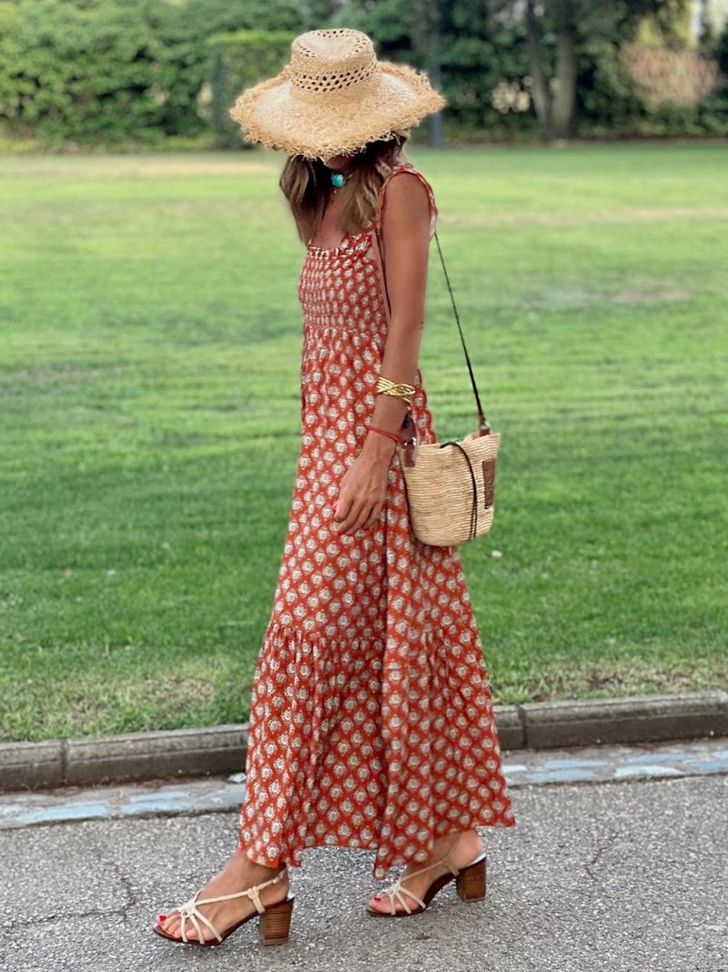 Robe Longue À Fleurs Pour Femmes Tenue Plissée Bicolore Col Carré Sans Manches Dos Nu Sexy Été - Orange