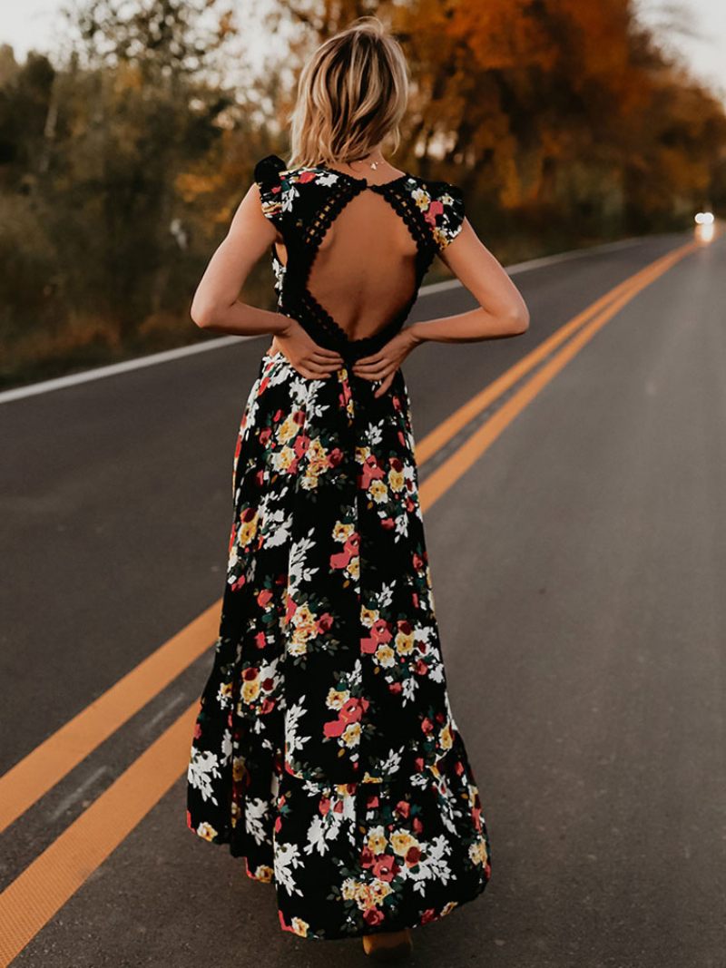 Robe Longue À Imprimé Floral Pour Femmes Col V Dos Nu Fente Haute Et Basse D'été - Noir