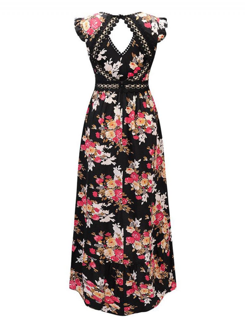 Robe Longue À Imprimé Floral Pour Femmes Col V Dos Nu Fente Haute Et Basse D'été - Noir