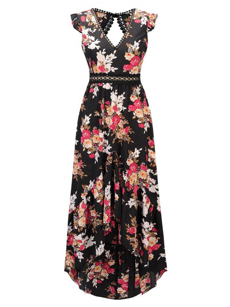 Robe Longue À Imprimé Floral Pour Femmes Col V Dos Nu Fente Haute Et Basse D'été - Noir