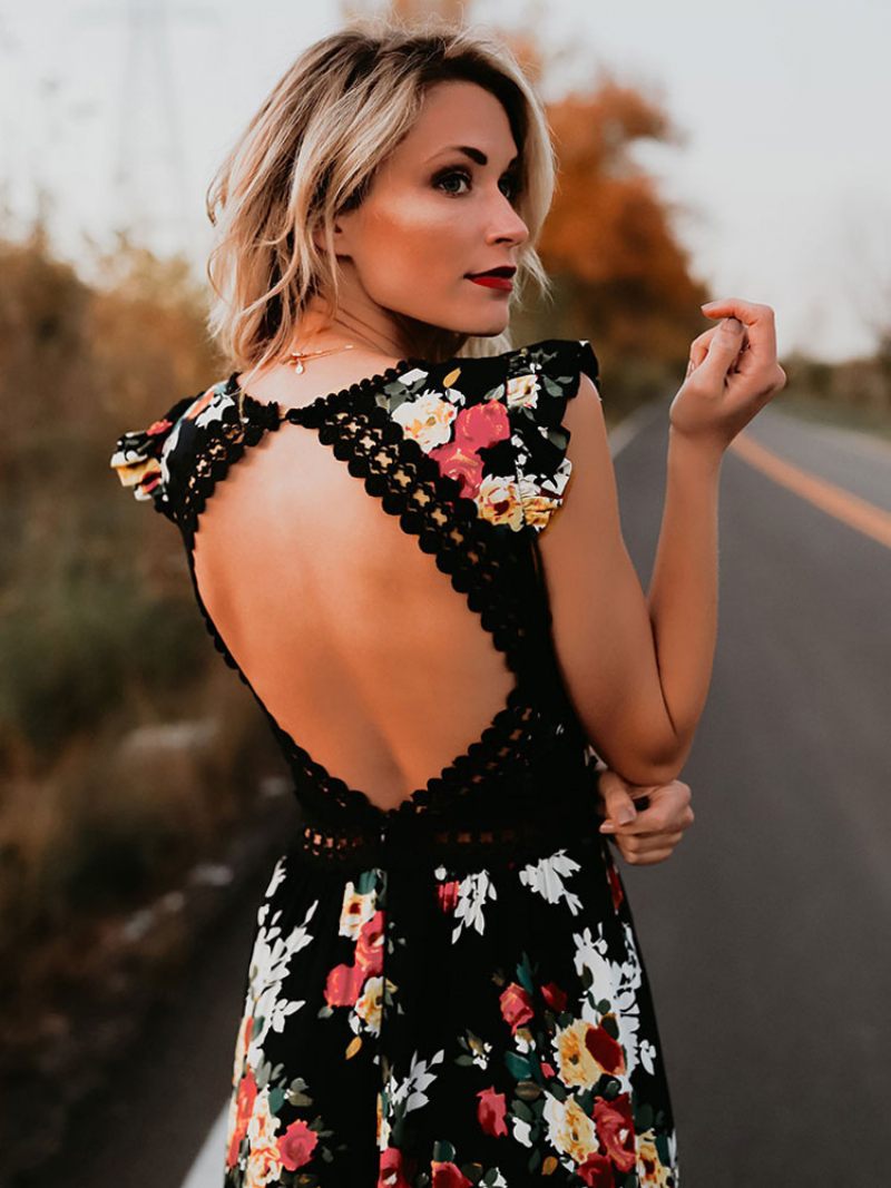 Robe Longue À Imprimé Floral Pour Femmes Col V Dos Nu Fente Haute Et Basse D'été - Noir