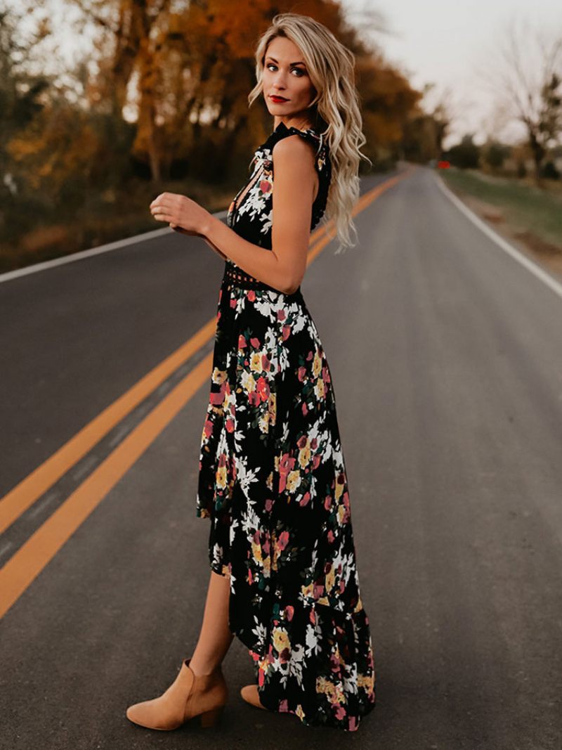 Robe Longue À Imprimé Floral Pour Femmes Col V Dos Nu Fente Haute Et Basse D'été - Noir