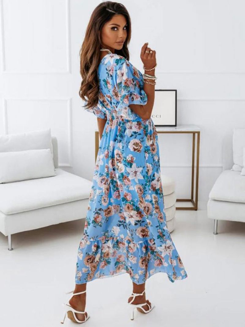 Robe Longue Plissée À Imprimé Floral Pour Femmes Superposée Décontractée Col V Manches Courtes Maxi - Bleu