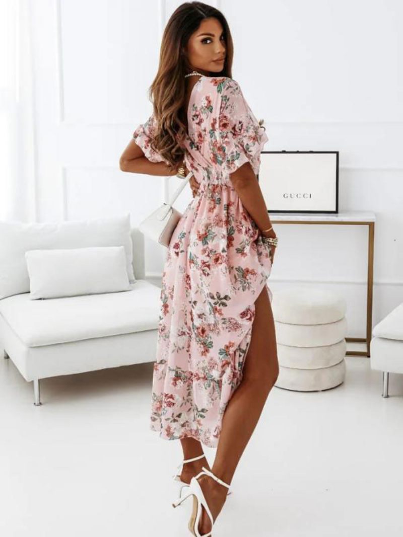 Robe Longue Plissée À Imprimé Floral Pour Femmes Superposée Décontractée Col V Manches Courtes Maxi - Rose