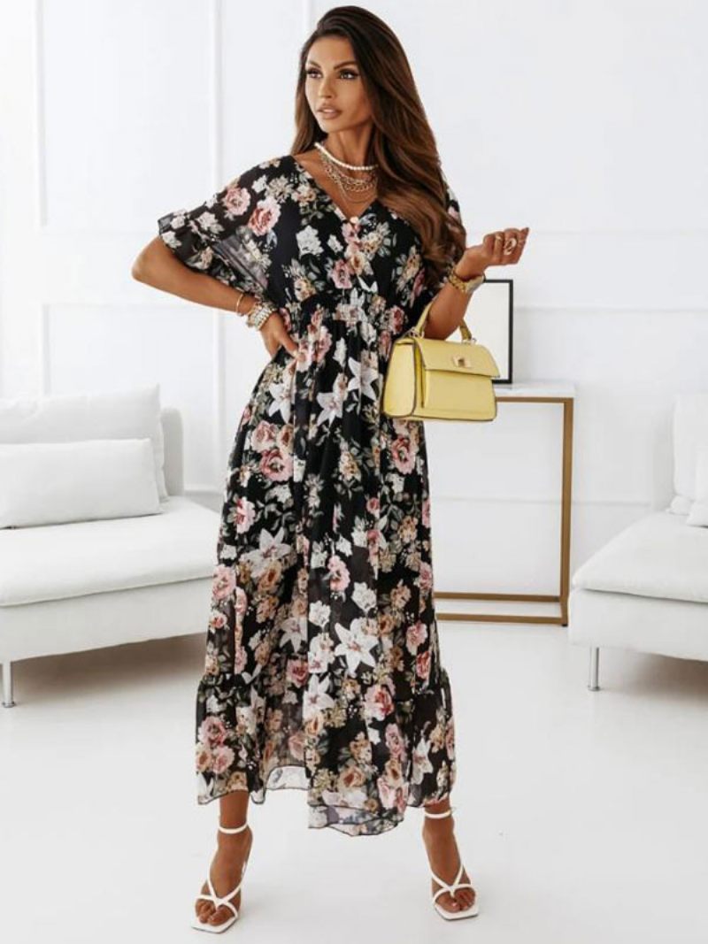 Robe Longue Plissée À Imprimé Floral Pour Femmes Superposée Décontractée Col V Manches Courtes Maxi - Noir