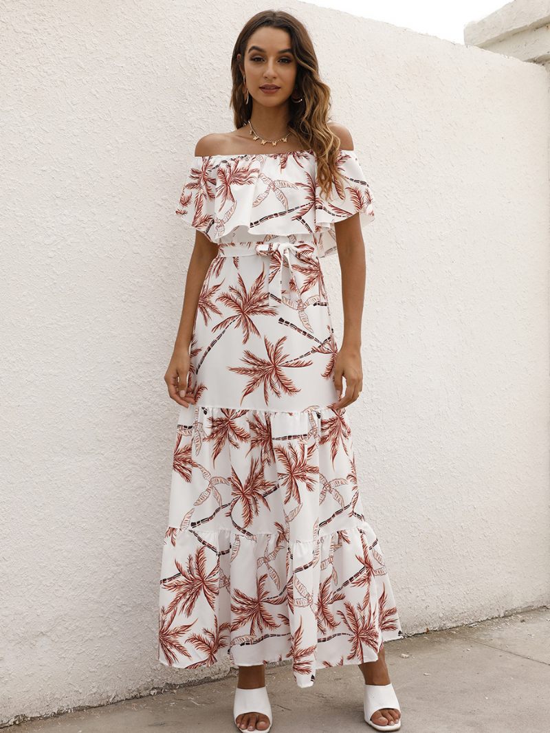 Robe Longue Plissée À Manches Courtes Pour Femme Imprimé Floral Léopard Épaules Dénudées Superposée