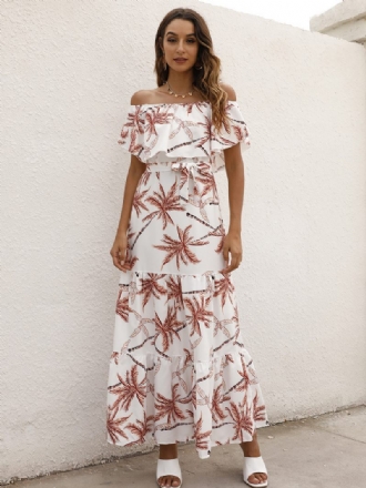 Robe Longue Plissée À Manches Courtes Pour Femme Imprimé Floral Léopard Épaules Dénudées Superposée