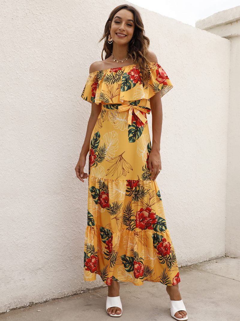 Robe Longue Plissée À Manches Courtes Pour Femme Imprimé Floral Léopard Épaules Dénudées Superposée - Jaune