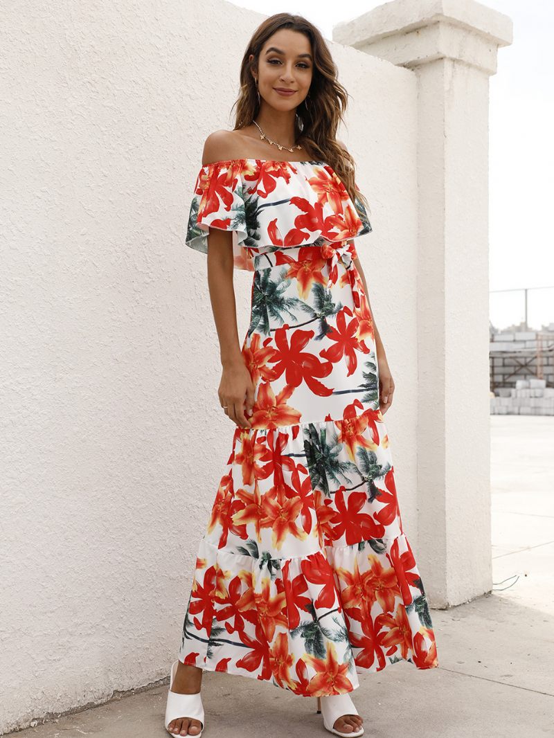 Robe Longue Plissée À Manches Courtes Pour Femme Imprimé Floral Léopard Épaules Dénudées Superposée - Rouge