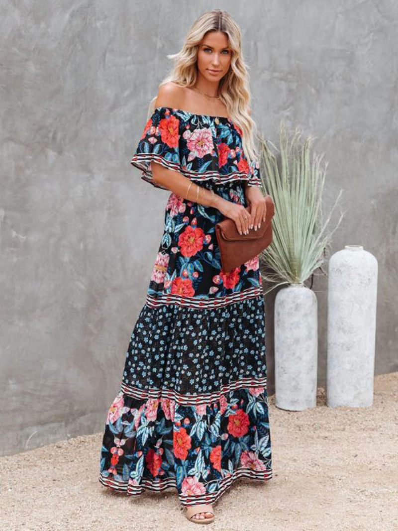 Robe Maxi Femme Col Bateau Manches Courtes Bohème Imprimé Floral Longue - Noir