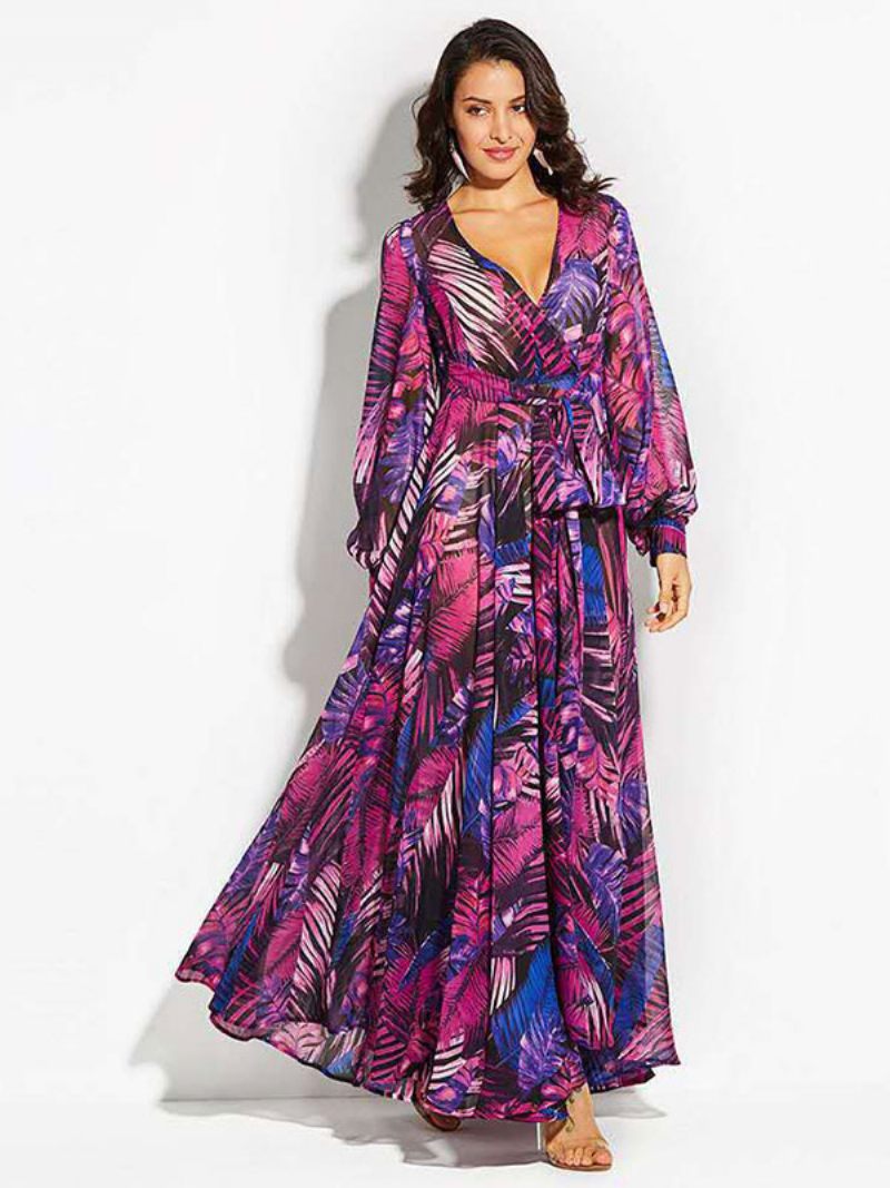 Robe Maxi Femme Col V Manches Longues Longue Imprimée - Violet