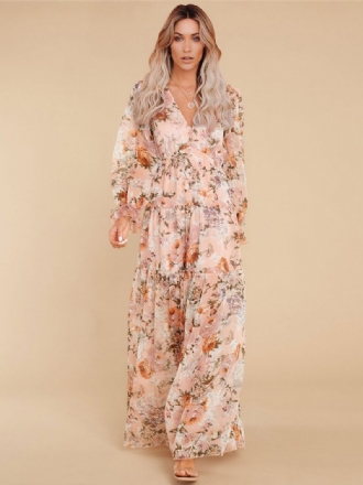 Robe Maxi Pour Femmes Col V Manches Longues Longue Décontractée À Imprimé Floral