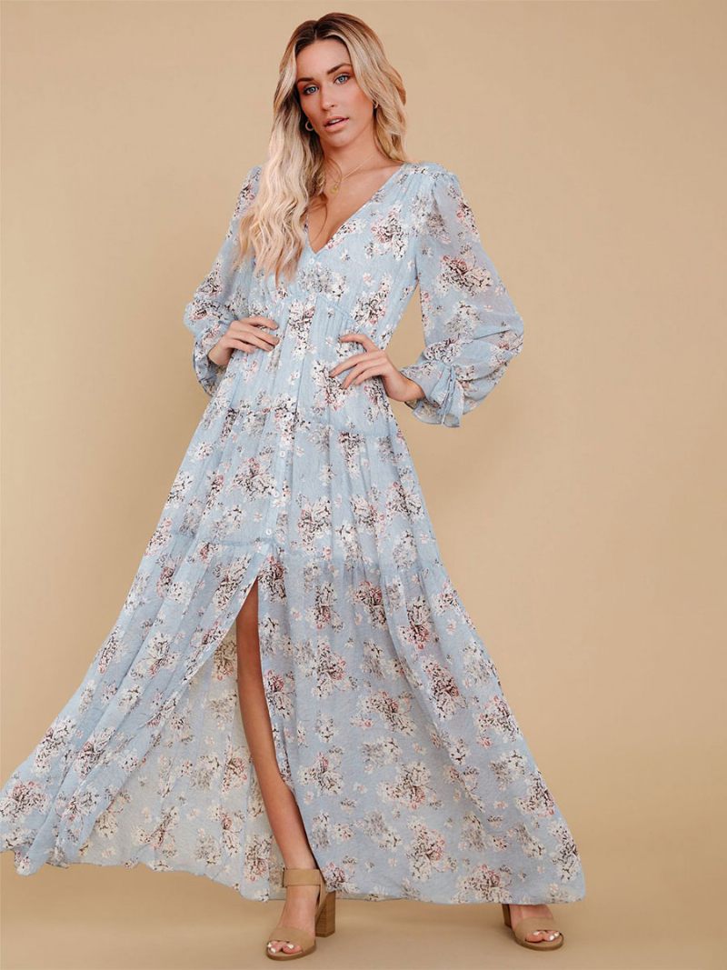 Robe Maxi Pour Femmes Col V Manches Longues Longue Décontractée À Imprimé Floral - Bleu