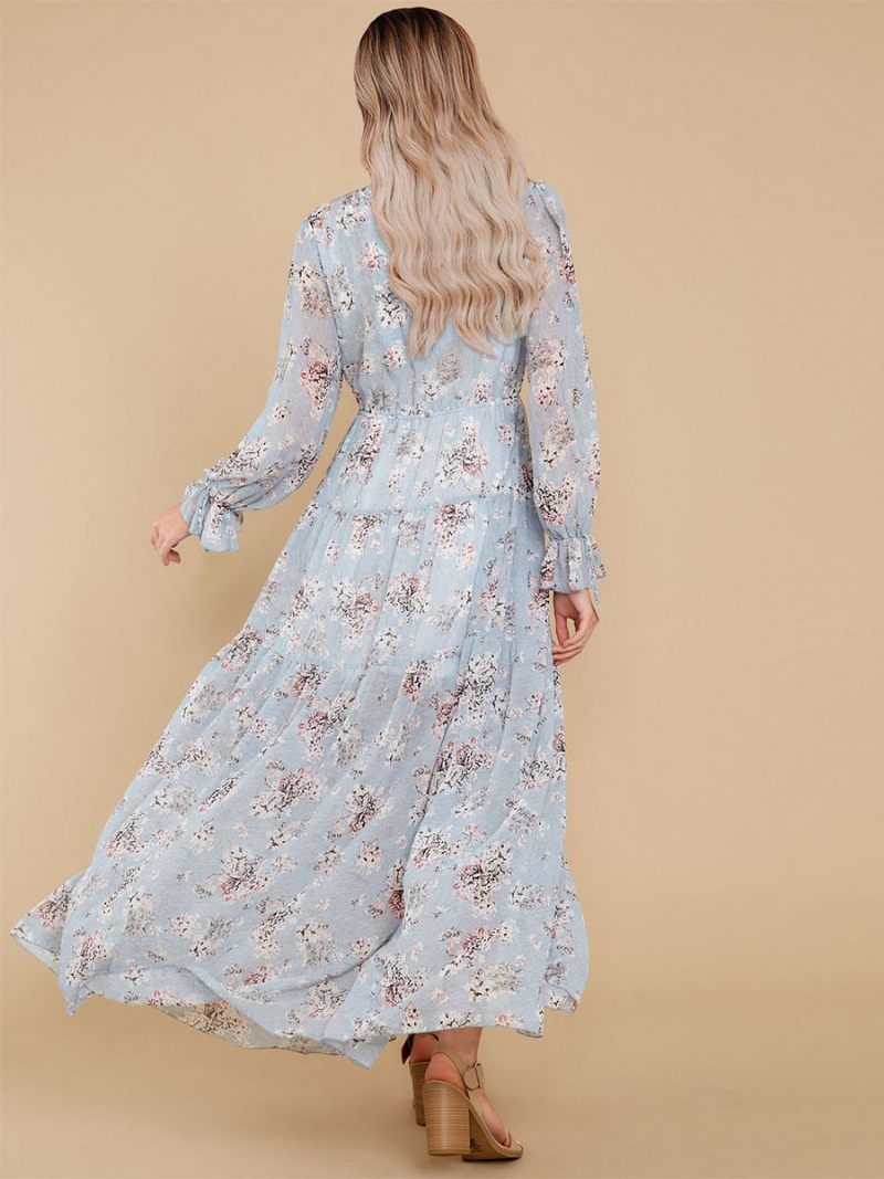 Robe Maxi Pour Femmes Col V Manches Longues Longue Décontractée À Imprimé Floral - Bleu