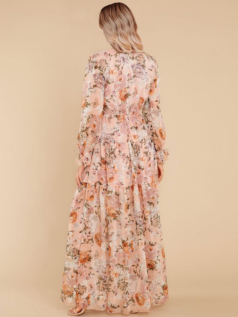 Robe Maxi Pour Femmes Col V Manches Longues Longue Décontractée À Imprimé Floral - Orange