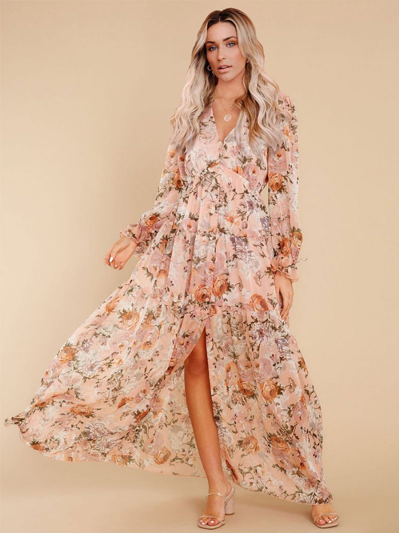 Robe Maxi Pour Femmes Col V Manches Longues Longue Décontractée À Imprimé Floral - Orange