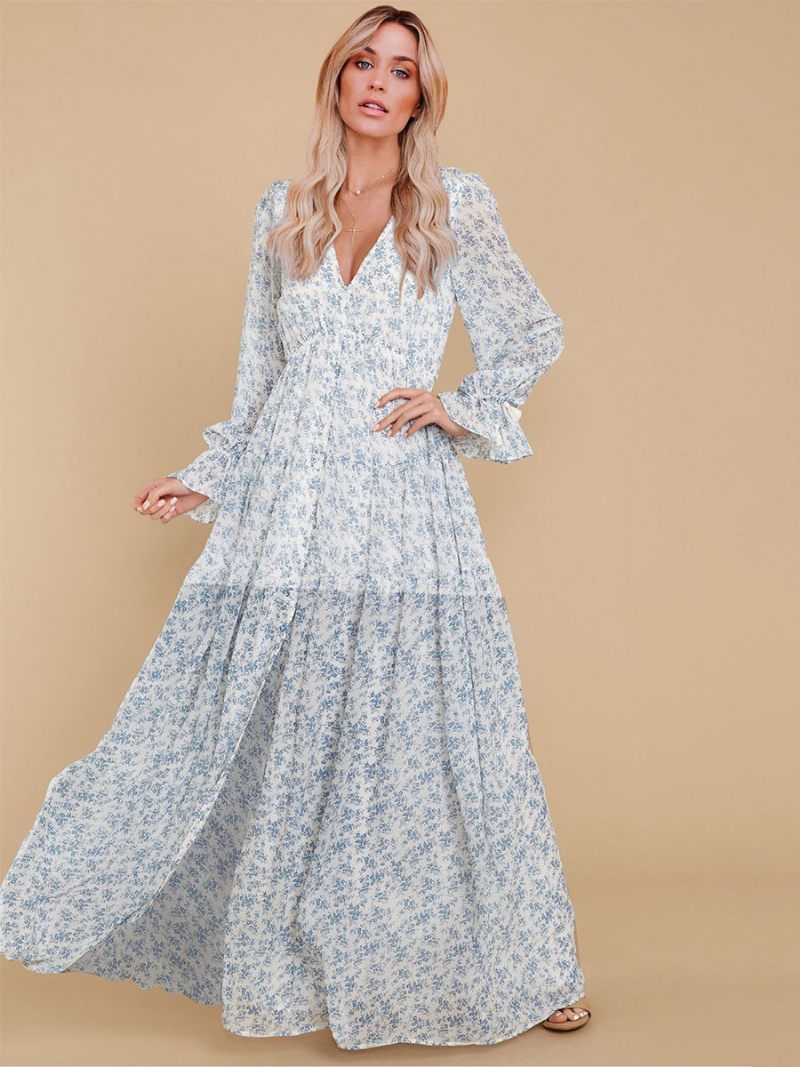 Robe Maxi Pour Femmes Col V Manches Longues Longue Décontractée À Imprimé Floral - Blanc