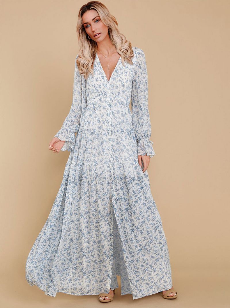 Robe Maxi Pour Femmes Col V Manches Longues Longue Décontractée À Imprimé Floral - Blanc