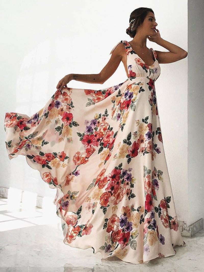 Robe Maxi Florale Pour Femmes Blanche Col V Dos Ouvert Mousseline Soie Style Boho Robes D'été