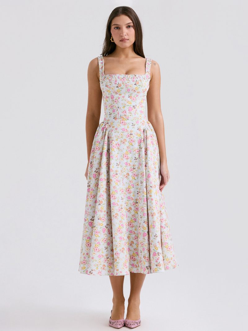 Robe Mi-longue À Fleurs Pour Femmes Imprimé Floral Bretelles Col Sans Manches Couture Ouverte Chic Longue Été